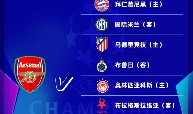 阿森纳欧冠赛程：第3轮战马竞，第5轮主场战拜仁，第7轮客战国米